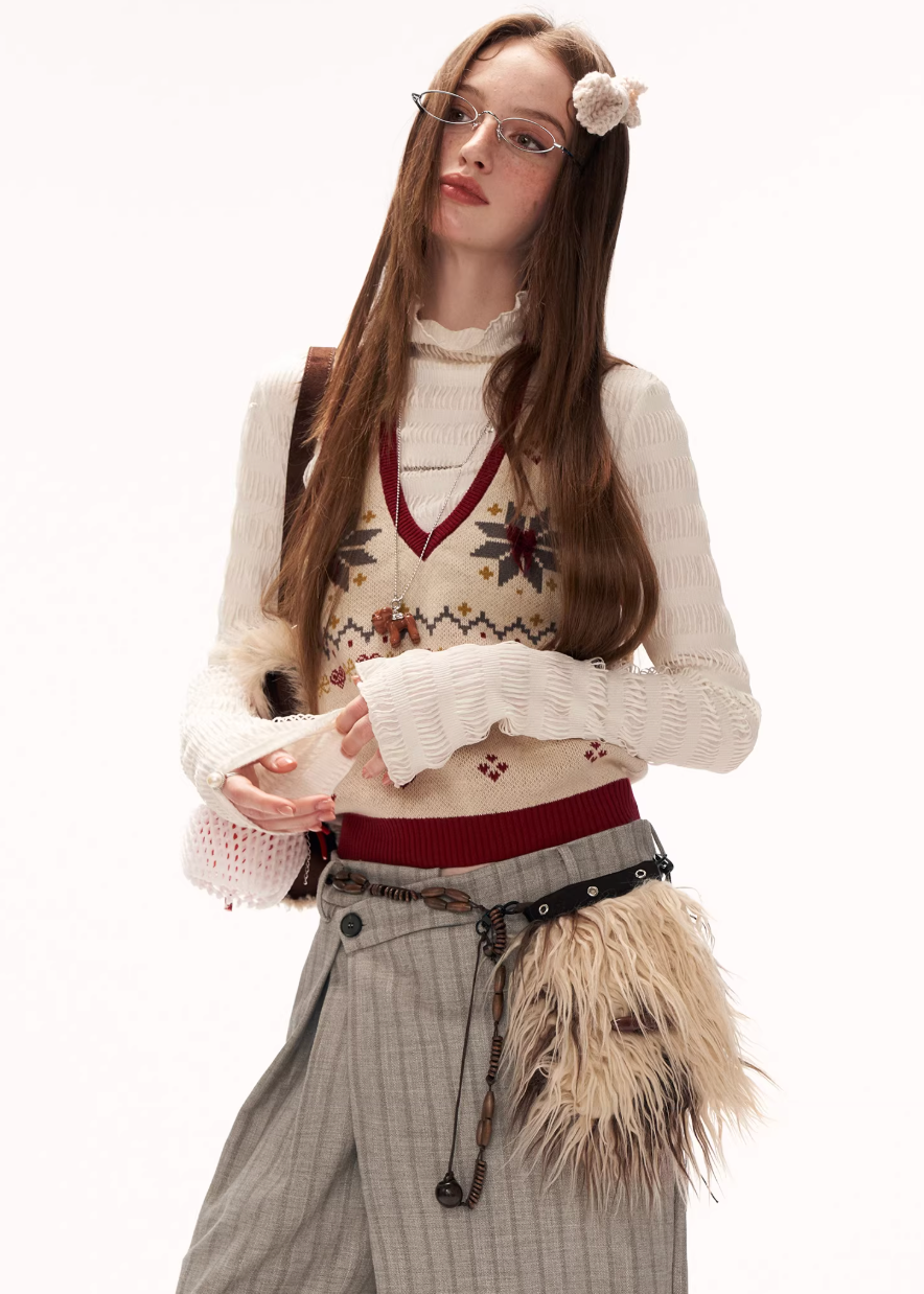 fair isle knit vest women, y2k sweater vest, halter neck knit top, v neck knit vest, street style knitwear women, autumn winter knit vest, retro pattern sweater, layered knit top women, casual street knit vest, trendy y2k top women, fashion knit vest, mamc knit style, cozy streetwear knit, versatile sweater vest, women street fashion top