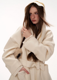 double layer coat women, oversized lapel jacket, y2k winter coat women, fluffy strap coat, high end women outerwear, foreign style jacket women, loose fit winter jacket, statement winter coat, trendy winter outerwear, mamc coat style, belted winter jacket, premium fashion coat women, modern street coat, layered design jacket, y2k fashion outerwear