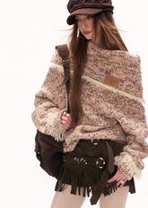 mixed grain sweater women, slanted neck knit top, y2k loose sweater, fleece knit jacket women, high neck sweater women, lazy fit knitwear, street style sweater women, autumn winter knit top, cozy oversized sweater, trendy knit jacket women, mamc sweater style, relaxed fit fleece knit, casual street knitwear, fashion long sleeve sweater, y2k streetwear knit