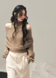 off shoulder knit sweater women, high neck knit top, winter knit two piece set, korean minimal sweater, relaxed fit knit women, soft texture knit top, elegant casual winter wear, feminine winter sweater, premium women knitwear, aomalm knit style, cozy winter top women, versatile knit set, understated luxury sweater, modern women knit top, calm style winter clothing