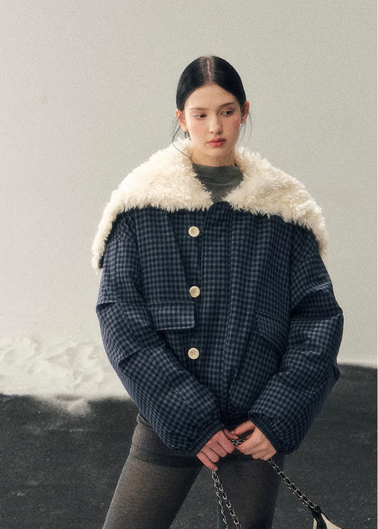 navy cotton jacket women, faux lamb wool collar coat, winter cotton coat women, korean minimal outerwear, refined winter jacket, elegant women coat, padded cotton jacket, understated luxury winter wear, aomalm jacket style, calm blue winter coat, modern women outerwear, feminine winter jacket, premium cotton coat, versatile winter jacket women, soft structure winter coat