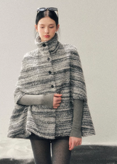 wool cape women, striped wool cape, winter poncho women, french style cape coat, korean minimal outerwear, turtleneck cape women, refined winter layering, elegant women wool coat, premium winter cape, aomalm outerwear style, understated luxury winter wear, modern women cape, soft wool wrap coat, feminine winter outerwear, timeless wool cape