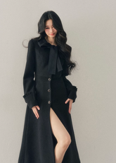 hepburn trench coat women, winter long coat women, cotton wool trench coat, korean minimal outerwear, elegant winter trench, refined women coat, classic long wool coat, premium women outerwear, aomalm coat style, understated luxury winter wear, feminine long coat women, modern trench coat winter, timeless women coat, structured winter trench, daily elegant outerwear