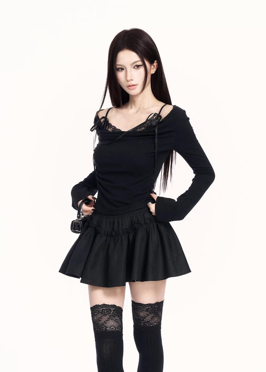 lace drape knit top women, slim fit black knit top, fake two waist top, edgy base layer women, dark minimalist fashion top, vock knit style, waist shaping long sleeve top, alternative fashion knitwear, structured women top, modern black lace top, cold style womenswear, body contour knit top, urban edgy clothing women, minimalist street fashion top, controlled silhouette knit