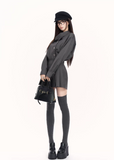trench style mini dress women, pleated waist dress, british college dress women, edgy commuter dress, lapel mini dress women, dark minimalist fashion dress, vock dress style, tailored spring dress women, urban preppy dress, waist shaping mini dress, alternative office wear women, structured pleated dress, modern black gray dress, controlled silhouette fashion, early spring women dress