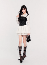 suspender mini dress women, corset waist dress, pleated puff skirt dress, edgy princess style dress, black white mini dress, vock dress style, waist slimming party dress, alternative fashion mini dress, structured suspender dress, dark romantic fashion, statement birthday dress women, controlled silhouette clothing, modern gothic mini dress, edgy valentine dress women, fashion puff skirt dress