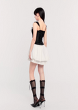 suspender mini dress women, corset waist dress, pleated puff skirt dress, edgy princess style dress, black white mini dress, vock dress style, waist slimming party dress, alternative fashion mini dress, structured suspender dress, dark romantic fashion, statement birthday dress women, controlled silhouette clothing, modern gothic mini dress, edgy valentine dress women, fashion puff skirt dress