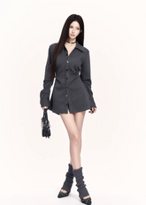 layered shirt set women, structured tunic shirt, edgy commuter outfit, two piece shirt women, waist shaping shirt set, dark minimalist fashion, vock shirt style, urban women outfit, tailored long sleeve shirt, modern street tailoring, alternative office wear women, black gray shirt set, controlled silhouette fashion, premium niche womenswear, minimalist edgy clothing