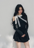 off shoulder black dress women, lace detail mini dress, spring black dress women, aomalm dress style, feminine spring outfit women, elegant long sleeve mini dress, refined casual black dress, korean french style clothing, slim fit spring dress, modern women mini dress, delicate lace contrast dress, understated luxury women dress, lightweight spring evening dress, feminine black mini, versatile spring dress women