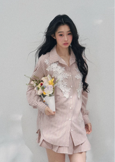 AOMALM striped lace shirt set, French romantic spring outfit, feminine lace stripe blouse women, Korean elegant two piece set, quiet luxury pink twinset, Parisian inspired lace shirt skirt, romantic Korean French aesthetic clothing, soft feminine spring ensemble, delicate lace striped blouse, elegant lightweight spring outfit women, refined luxury womenswear set, romantic pastel shirt skirt outfit, feminine Korean designer inspired clothing, lace detail striped shirt women, luxury spring twinset fashion