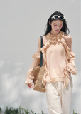 AOMALM sheer ruffle blouse, French romantic spring top, feminine off shoulder chiffon blouse, Korean elegant sheer shirt women, quiet luxury romantic outfit, Parisian inspired ruffle blouse, delicate fungus edge blouse women, romantic Korean French aesthetic clothing, lightweight spring sheer top, soft feminine translucent blouse, elegant airy chiffon shirt women, refined luxury womenswear blouse, romantic flowy spring fashion, delicate feminine long sleeve blouse, luxury Korean designer inspired top