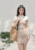AOMALM knit mini dress women, French romantic fitted dress, feminine colorblock knit dress, Korean elegant spring mini dress, quiet luxury romantic outfit, Parisian inspired knit dress women, refined feminine silhouette dress, romantic Korean French aesthetic clothing, lightweight spring knit mini, elegant body shaping knit dress, soft luxury womenswear dress, mature feminine mini dress style, luxury Korean designer inspired knitwear, refined spring outfit women