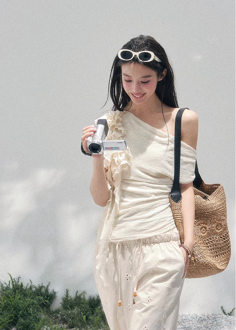 AOMALM off shoulder knit top, French romantic spring blouse, feminine ruffle shoulder knitwear, Korean elegant sleeveless knit women, quiet luxury romantic outfit, Parisian inspired off shoulder blouse, delicate fungus edge knit top, romantic Korean French aesthetic clothing, soft feminine spring knitwear, refined luxury womenswear top, elegant waist shaping knit blouse, lightweight romantic knit top women, luxury Korean designer inspired clothing