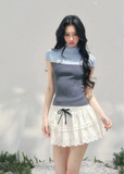 AOMALM colorblock knit top women, French romantic fitted spring top, feminine waist slimming knitwear, Korean elegant short sleeve knit, quiet luxury romantic outfit, Parisian inspired knit blouse, refined feminine silhouette top, romantic Korean French aesthetic clothing, lightweight spring knit top women, soft luxury womenswear knit, elegant colorblock fashion top, luxury Korean designer inspired knitwear, feminine sculpted knit blouse