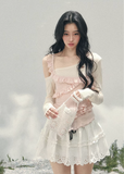 AOMALM layered off shoulder top, French romantic ruffle blouse women, feminine lace spring knitwear, Korean elegant off shoulder knit, quiet luxury romantic outfit, Parisian inspired ruffle knit top, delicate irregular lace blouse, romantic Korean French aesthetic clothing, lightweight spring knit top women, refined luxury womenswear blouse, soft feminine layered fashion, elegant pastel romantic knitwear, luxury Korean designer inspired top