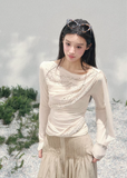 AOMALM sheer glitter knit top women, French romantic draped blouse, feminine translucent spring knitwear, Korean elegant slim fit top, quiet luxury romantic outfit, Parisian inspired shimmer knit top, delicate crystal detail blouse, romantic Korean French aesthetic clothing, lightweight spring sheer top women, refined luxury womenswear knit, soft feminine waist slimming blouse, elegant sparkling knit top women, luxury Korean designer inspired clothing
