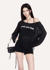 VOCK sheer streetwear top, urban minimal mesh long sleeve, off shoulder graphic tee women, Korean street fashion sheer top, minimalist power dressing womenswear, layered mesh streetwear top, cold urban aesthetic clothing, lightweight sunscreen cover top women, edgy off shoulder street top, modern Seoul street style womenswear, sleek graphic letter print shirt, urban fashion layering piece, VOCK minimal silhouette top, structured streetwear long sleeve