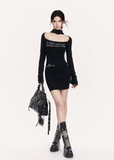 VOCK bodycon mini dress women, urban stretch hip dress, minimalist letter print dress, Korean street luxury bodycon, cold urban aesthetic womenswear, cutout neck bodycon dress, sleek monochrome mini dress, modern Seoul street style outfit, VOCK structured silhouette dress, edgy graphic long sleeve dress, power dressing mini dress women, architectural bodycon fashion, sharp urban streetwear dress