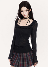 VOCK square neck slim top women, urban minimal base layer, structured strap knit top, Korean street luxury slim blouse, cold urban aesthetic womenswear, architectural square neckline top, modern Seoul street style base top, fitted monochrome long sleeve knit, VOCK minimalist layering piece, sleek bodycon base top, power dressing knitwear women, edgy square collar streetwear top