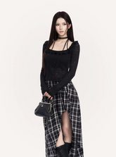 VOCK plaid maxi skirt women, urban asymmetric long skirt, minimalist black white check skirt, Korean street luxury maxi skirt, cold urban aesthetic womenswear, architectural curved hem skirt, modern Seoul street style plaid skirt, integrated shorts long skirt women, VOCK structured silhouette skirt, edgy monochrome streetwear skirt, power dressing plaid maxi outfit