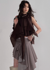 JNYLON asymmetric cape top women, Korean stylish lace up camisole, modern Korean fashion off shoulder blouse, chic layered cape top women, trendy Korean street chic outfit, natural atmosphere draped top Korean style, lightweight asymmetric fashion top women, urban fashion cape camisole, stylish Korean aesthetic blouse, fashionable layered camisole women