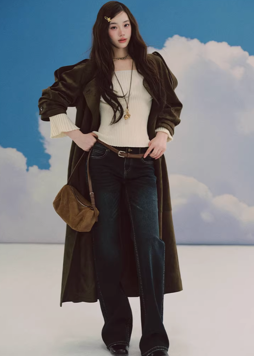 LaluneDuCiel suede trench coat women, Korean feminine long coat, mid length suede jacket women, elegant Korean style trench, urban casual suede coat, soft drape trench outerwear, versatile feminine long jacket, chic Korean fashion coat, relaxed suede mid coat women, retro inspired trench coat