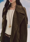 LaluneDuCiel suede trench coat women, Korean feminine long coat, mid length suede jacket women, elegant Korean style trench, urban casual suede coat, soft drape trench outerwear, versatile feminine long jacket, chic Korean fashion coat, relaxed suede mid coat women, retro inspired trench coat