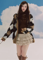 LaluneDuCiel argyle cardigan women, Korean feminine knit cardigan, collegiate style sweater women, vintage argyle knit cardigan, cozy oversized cardigan Korean fashion, soft academia knitwear women, elegant Korean style sweater, casual feminine cardigan outfit, spring knit cardigan women, chic Korean fashion knitwear