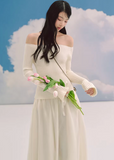 LaluneDuCiel one shoulder knit top women, Korean feminine ribbed sweater, flared sleeve knit blouse women, elegant Korean style knitwear, slim fit knit top Korean fashion, chic feminine off shoulder sweater, soft romantic knit top women, Korean aesthetic ribbed sweater, stylish Korean fashion top