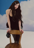black velvet camisole, ruffle top women, ballet style top, korean fashion top, velvet camisole top, feminine layered top, dark romantic outfit, sleeveless velvet top, elegant black top, soft velvet blouse, tiered camisole, evening casual top, chic statement top, parisian inspired fashion, delicate strap top, lightweight velvet wear, modern feminine clothing, versatile going out top, aesthetic fashion top, refined romantic style
