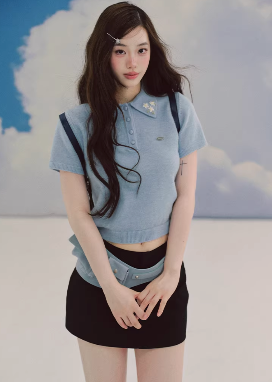polo knit top women, embroidered sweater top, short sleeve knit, korean fashion top, fitted polo shirt women, spring knitwear, waist slimming top, elegant casual top, soft knit blouse, minimalist polo top, feminine knitwear, everyday chic outfit, blue knit top women, refined casual wear, lightweight sweater top, modern feminine clothing, versatile spring top, tailored knit shirt, aesthetic fashion top, parisian casual style