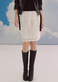 lace midi skirt, embroidered skirt women, floral lace skirt, korean fashion skirt, romantic midi skirt, slit skirt women, feminine lace outfit, ivory midi skirt, elegant spring skirt, parisian style clothing, soft aesthetic skirt, lightweight lace skirt, refined casual wear, delicate lace skirt, modern feminine clothing, versatile midi skirt, chic everyday outfit, graceful silhouette skirt, aesthetic fashion piece, elegant lace bottom