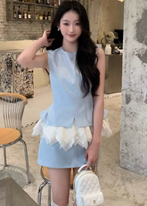 two piece skirt set women, sleeveless top skirt set, korean fashion set, fitted skirt outfit, structured top women, modern feminine outfit, elegant two piece set, body contour set women, chic matching set, minimal style outfit, spring outfit women, refined casual wear, aesthetic fashion set, versatile outfit set, tailored feminine clothing, contemporary women fashion, slim fit skirt set, clean silhouette outfit, parisian style set, everyday elegant outfit