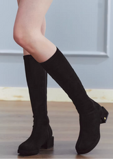 suede boots women, square toe boots, knee high boots women, korean fashion shoes, low heel boots, stretch boots women, slim fit boots, black knee boots, minimalist boots women, versatile winter shoes, elegant casual boots, modern feminine footwear, chic everyday boots, parisian style shoes, aesthetic fashion footwear, refined minimal boots, comfortable heeled boots, sleek silhouette boots, soft suede boots, wardrobe essential boots