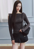off shoulder top women, tencel long sleeve top, asymmetrical neckline top, korean fashion top, slim fit tee women, minimalist long sleeve top, breathable fabric top, modern feminine clothing, casual chic top, fitted long sleeve shirt, soft knit top women, versatile everyday top, aesthetic fashion top, parisian style clothing, clean line top, lightweight layering top, refined casual wear, edgy feminine outfit, simple design top, contemporary fashion women