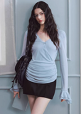 v neck lace top women, chiffon sleeve top, ruched long sleeve top, korean fashion top, feminine spring top, lightweight blouse women, soft drape top, elegant casual top, fitted long sleeve tee, breathable fabric top, aesthetic fashion blouse, parisian style clothing, modern feminine clothing, chic everyday top, delicate lace detail top, versatile spring outfit, slim fit blouse women, flowy sleeve top, refined casual wear, soft luxury top