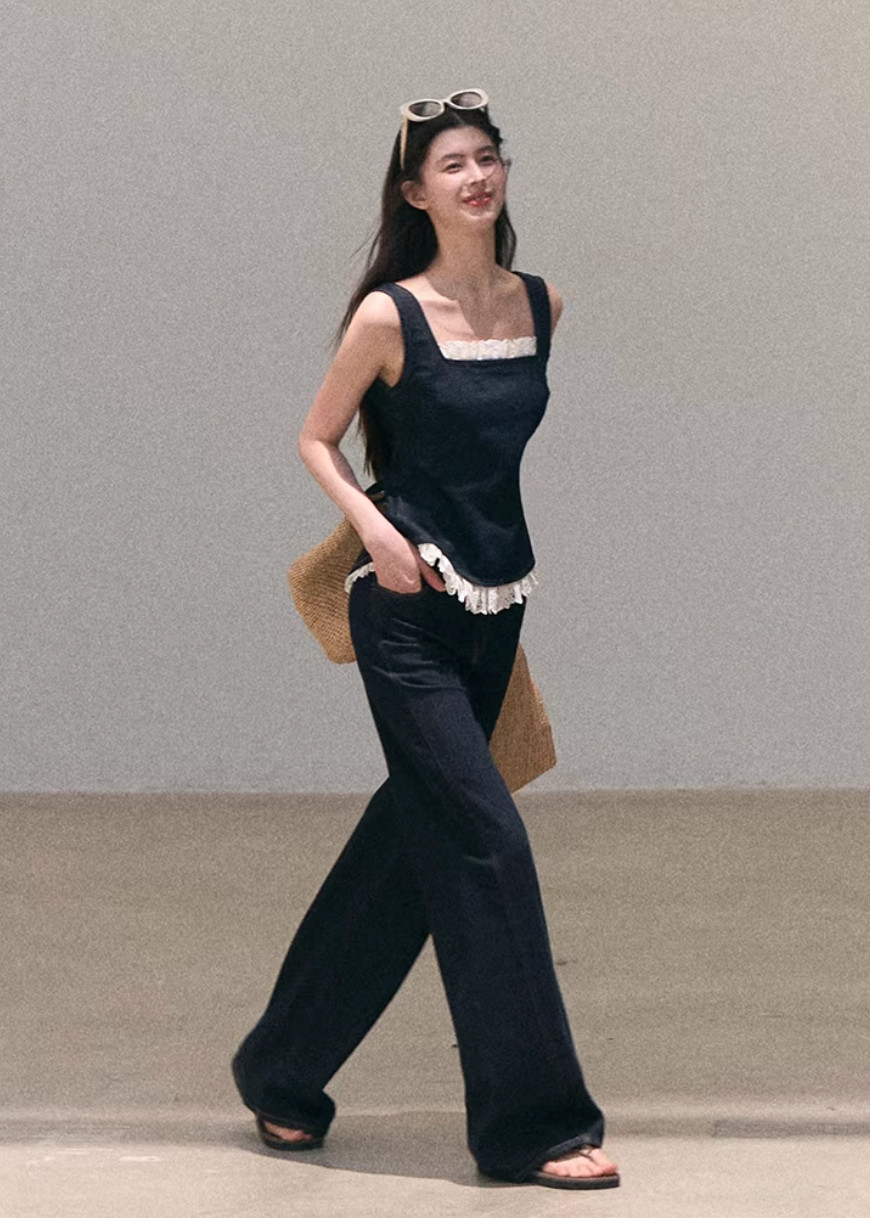 denim set women, lace camisole set, wide leg pants outfit, korean fashion set, spring outfit ideas, casual spring outfits, resort outfit women, bohemian denim outfit, lightweight denim set, feminine casual outfit, modern feminine clothing, parisian style clothing, versatile two piece outfit, relaxed fit pants women, aesthetic fashion set, travel outfit women, soft denim outfit, chic everyday set, minimal style outfit, calm luxury fashion