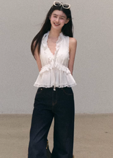 lace halter top women, linen blend top, lyocell blouse women, korean fashion top, spring outfit ideas, casual spring outfits, feminine summer top, lightweight blouse women, soft aesthetic outfit, breathable fabric top, modern feminine clothing, parisian style clothing, relaxed fit top women, versatile summer top, airy fabric blouse, chic everyday outfit, minimal elegant top, resort style top, calm luxury fashion, delicate lace blouse