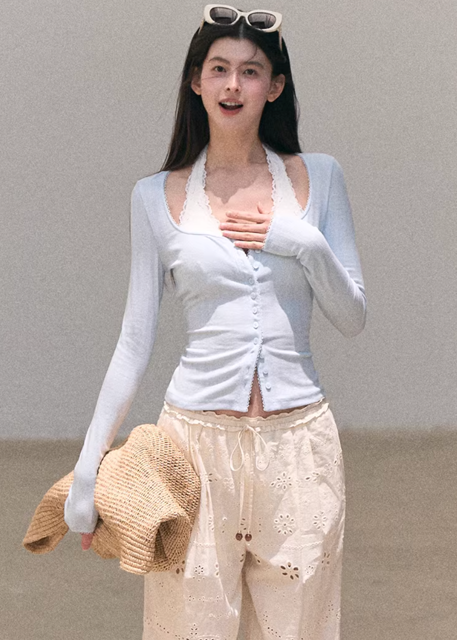 ribbed cardigan women, u neck knit top, korean fashion cardigan, spring outfit ideas, casual spring outfits, slim fit cardigan women, lightweight knitwear, button cardigan top, soft aesthetic outfit, modern feminine clothing, parisian style clothing, versatile layering top, chic everyday outfit, calm luxury fashion, breathable knit top, effortless style cardigan, refined casual wear, spring wardrobe essential, minimal knit top, fitted cardigan women