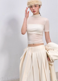 high neck t shirt women, mesh patchwork top, korean fashion top, summer outfit ideas, outfit ideas summer, slim fit t shirt women, lyocell top women, aesthetic fashion top, modern feminine clothing, parisian style clothing, versatile everyday top, chic casual outfit, lightweight summer top, sheer panel top women, minimal style top, refined casual wear, fitted tee women, stylish basic top, breathable fabric top, trendy summer top