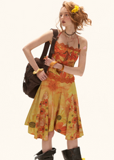 halter dress women, floral midi dress, summer resort dress, beach outfit women, summer outfit ideas, vacation dress women, aesthetic summer dress, boho summer dress, lightweight midi dress, chic summer outfit, flowy dress women, vibrant floral dress, travel outfit women, stylish summer dress, casual beach dress, trendy summer outfit, feminine summer dress, warm tone dress, statement summer dress, holiday outfit women