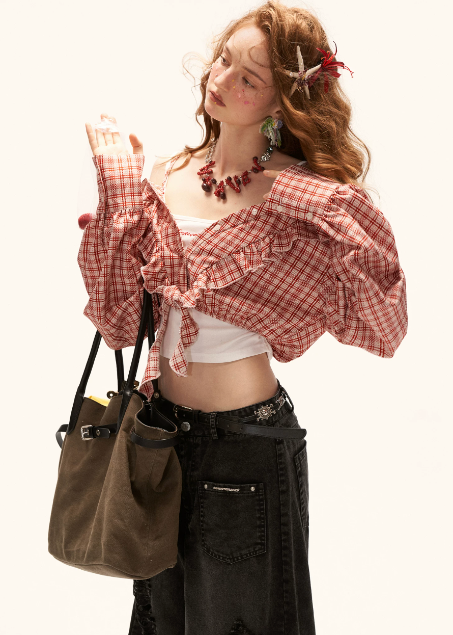 plaid blouse women, ruffle crop top, vintage style blouse, korean fashion top, summer outfit ideas, casual outfit women, lace up blouse women, aesthetic outfit women, cottagecore outfit, retro style top, cute crop blouse, feminine casual top, trendy summer top, statement blouse women, gingham top women, casual chic outfit, fashion forward top, everyday summer top, stylish blouse women, vintage outfit ideas