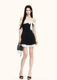 off shoulder dress women, black mini dress women, contrast dress women, bow dress women, korean fashion dress, a line dress women, slim fit dress women, elegant mini dress, summer outfit ideas, vacation dress women, chic minimal dress, short dress women, modern feminine outfit, flattering waist dress, stylish black dress, trendy mini dress, parisian style dress, statement mini dress, clean silhouette dress, refined mini dress