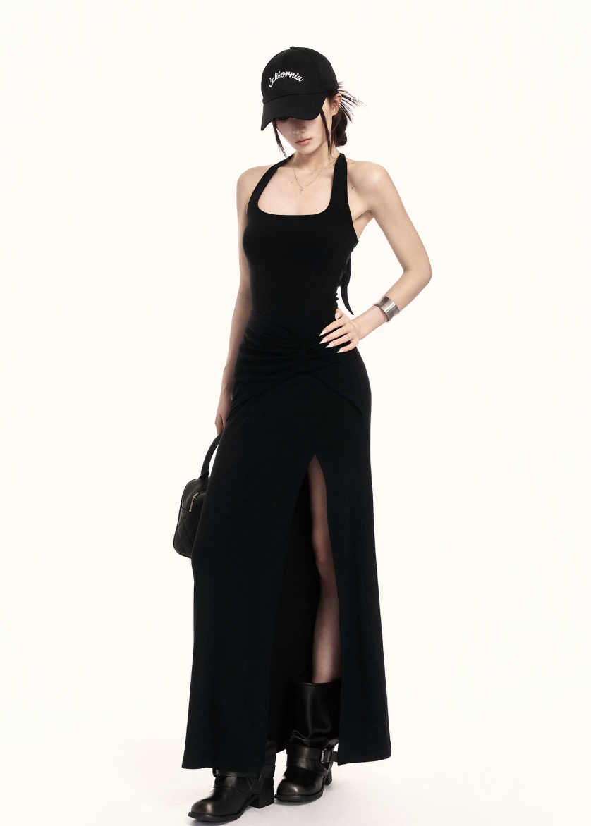 halter maxi dress women, backless dress women, bodycon maxi dress, knit dress women, korean fashion dress, slim fit dress women, summer outfit ideas, vacation dress women, elegant long dress, sleeveless maxi dress, chic minimal dress, long summer dress, modern feminine outfit, flattering bodycon dress, stylish maxi dress, trendy long dress, parisian style dress, statement dress women, clean silhouette dress, refined maxi dress