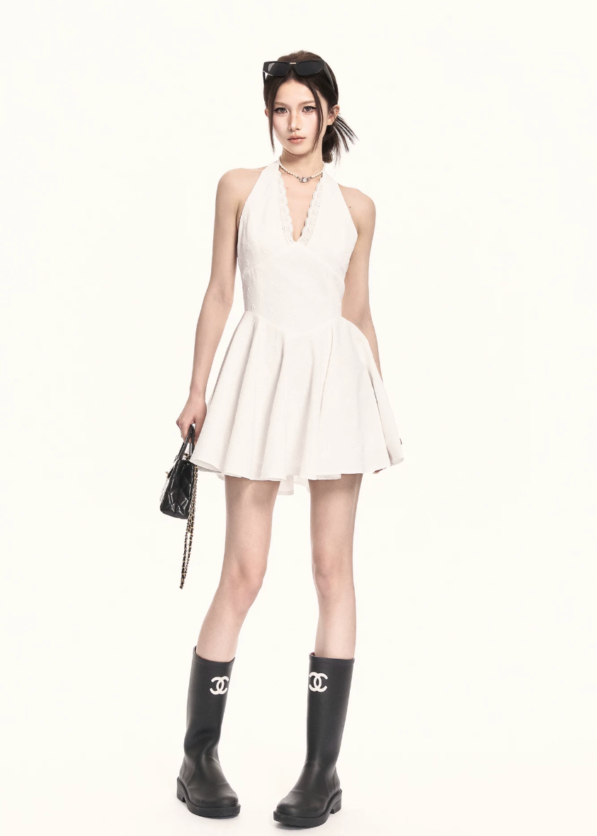 halter mini dress women, a line dress women, backless dress women, v neck dress women, korean fashion dress, slim fit dress women, summer outfit ideas, vacation dress women, elegant mini dress, sleeveless dress women, chic minimal dress, short dress women, modern feminine outfit, flattering waist dress, stylish mini dress, trendy mini dress, parisian style dress, statement mini dress, clean silhouette dress, refined mini dress