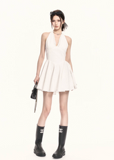halter mini dress women, a line dress women, backless dress women, v neck dress women, korean fashion dress, slim fit dress women, summer outfit ideas, vacation dress women, elegant mini dress, sleeveless dress women, chic minimal dress, short dress women, modern feminine outfit, flattering waist dress, stylish mini dress, trendy mini dress, parisian style dress, statement mini dress, clean silhouette dress, refined mini dress