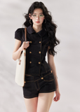 black denim set women, denim two piece set, structured denim outfit, double breasted top women, summer co ord set women, black short set outfit, modern minimalist outfit women, tailored denim set, chic summer outfit women, city style outfit women, fashion forward set women, clean line outfit women, edgy minimal fashion, elevated casual outfit, trendy denim set women