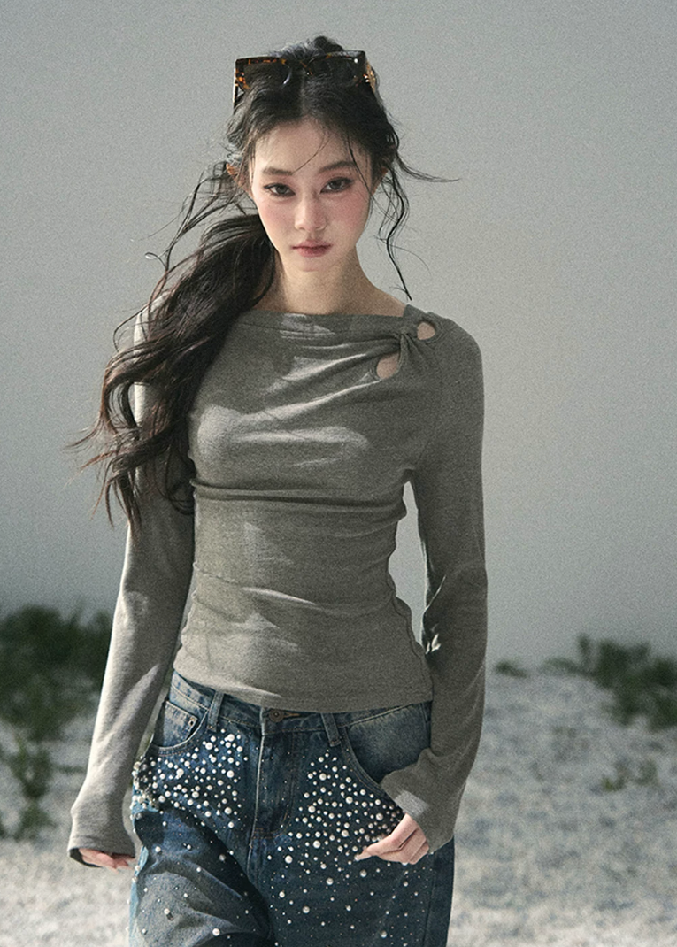aomalm top, ruched long sleeve top, korean fashion top, slim fit spring top, shoulder cut out top, feminine korean blouse, soft stretch knit top, waist slimming top, elegant casual top, fitted grey top women, romantic spring outfit, modern korean style top