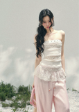 aomalm top, lace summer top, feminine korean top, peplum lace top, slim fit lace blouse, romantic summer top, sheer lace top women, korean fashion blouse, blush lace camisole, elegant summer outfit, soft girl summer top, fitted lace top women