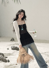aomalm top, openwork knit top, feminine korean top, knit camisole top, suspender knit top, summer waist top, french style knit top, romantic summer top, slim fit knit blouse, lightweight summer knit, soft girl summer top, korean fashion top